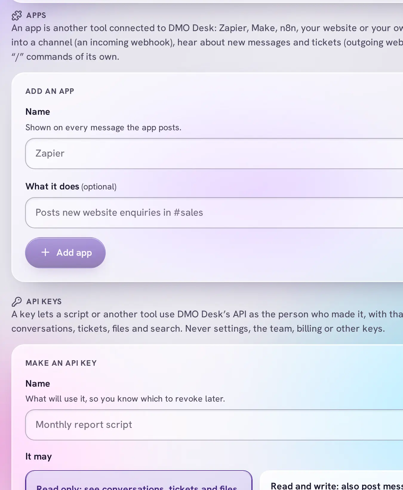 Apps and API: add an app with a name and what it does, and make an API key that is read only or read and write.