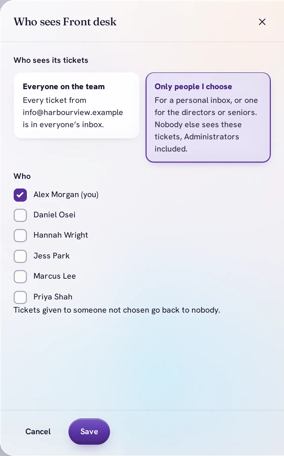 Who sees Front desk: Everyone on the team, or Only people I choose, with a list of the team to tick.