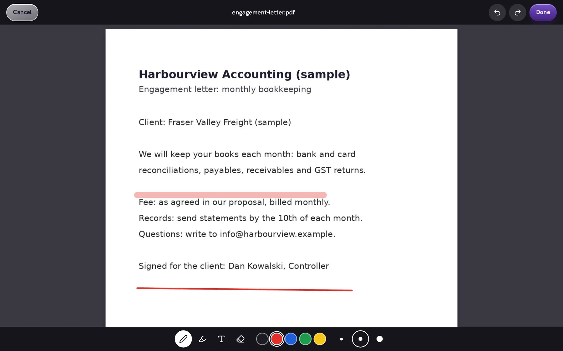 An engagement letter PDF in the mark-up view, with a highlighted line and a red underline.