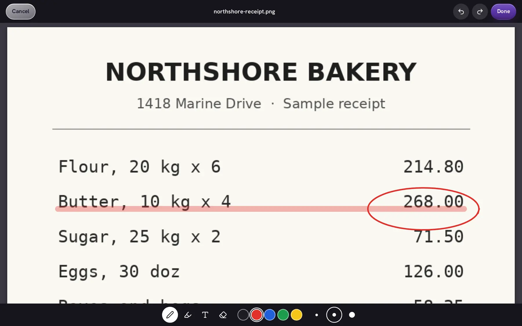 A photo of a bakery receipt in the mark-up view: the butter line highlighted and its amount circled in red.
