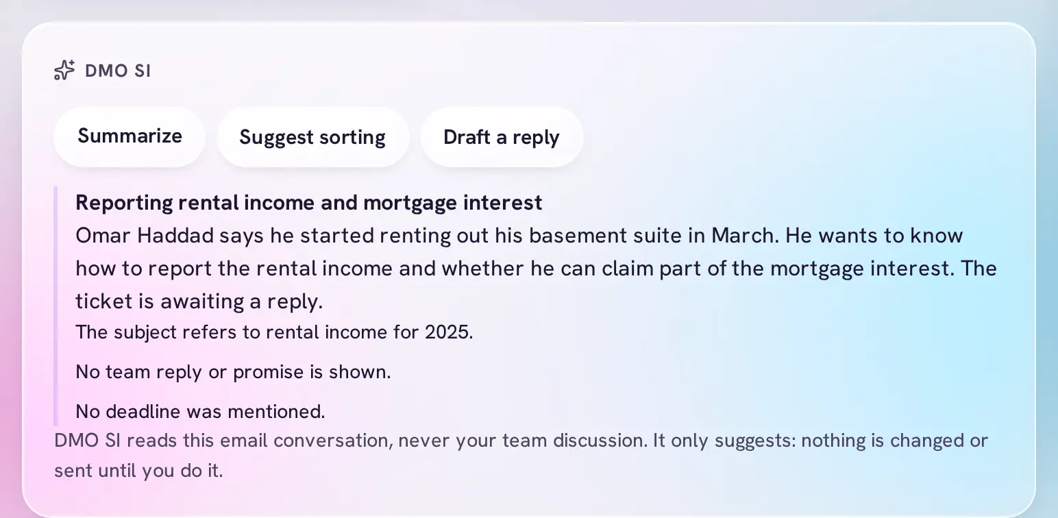 DMO SI's summary of Omar Haddad's email: he started renting out his basement suite in March and asks how to report the income and claim mortgage interest.