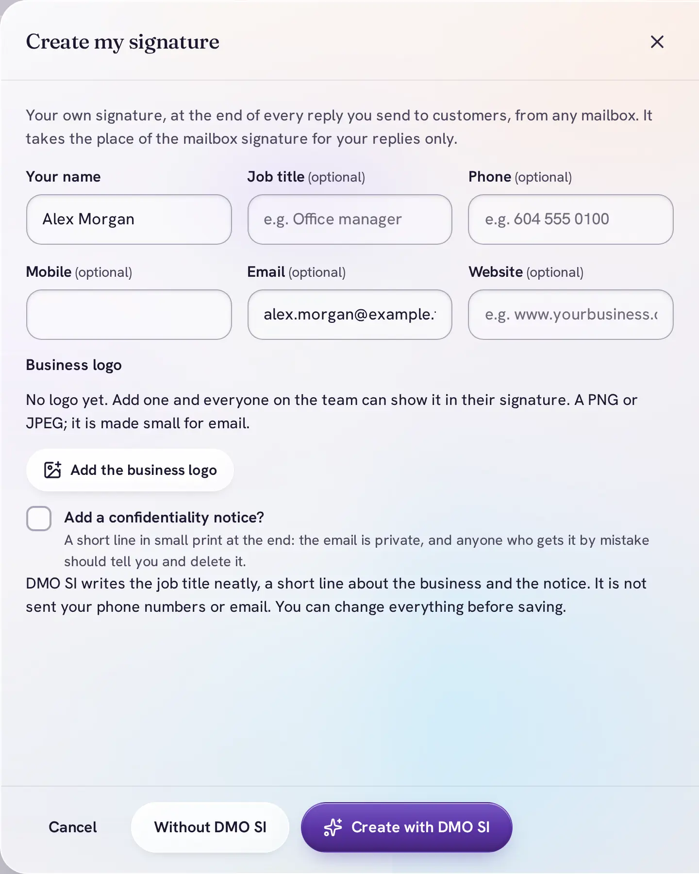 Create my signature: name, job title, phone, mobile, email, website and the business logo.