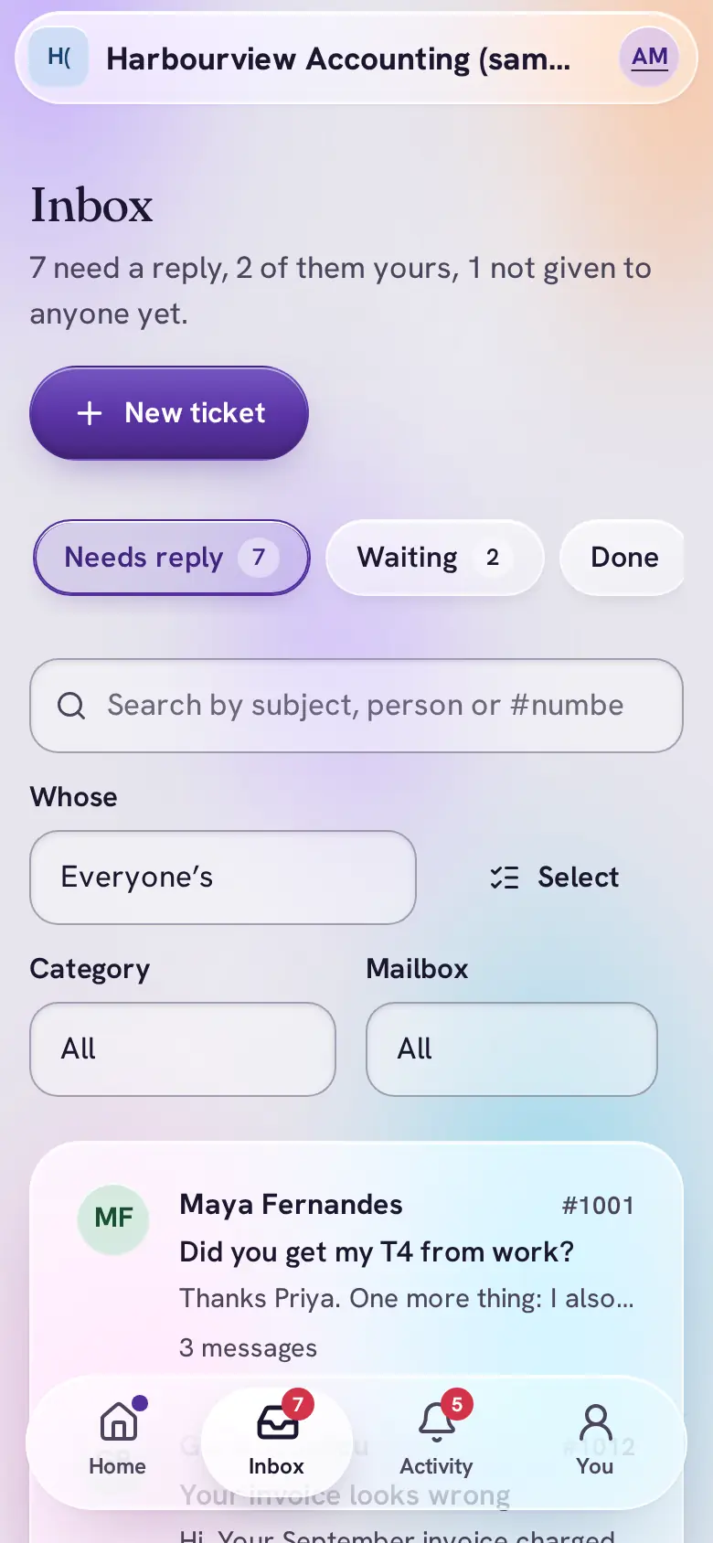 The DMO Desk Inbox in a phone's browser.